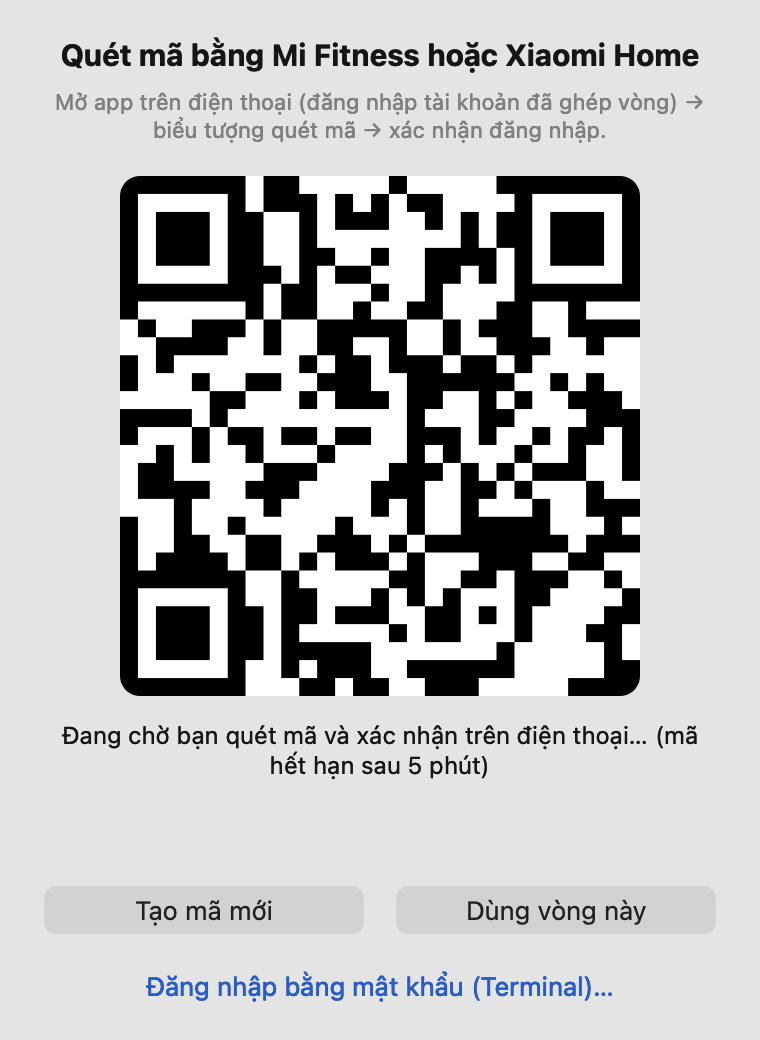 Cửa sổ Lấy token bằng mã QR, có mã QR ở giữa và nút Tạo mã mới